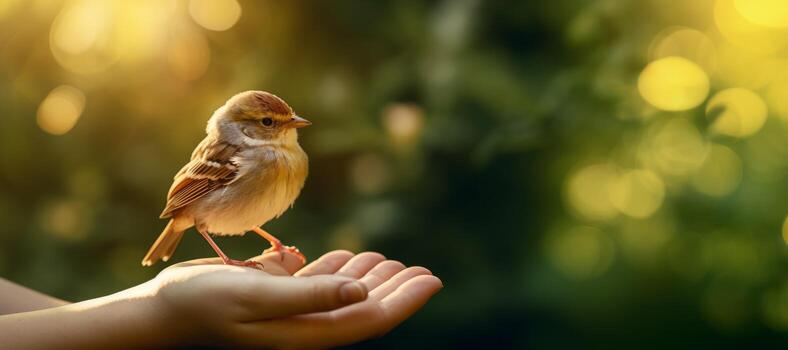 AI generated sparrow in the palm of a blurred background Generative AI photo