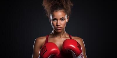 ai generado mujer en boxeo guantes en negro antecedentes generativo ai foto