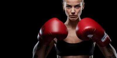 ai generado mujer en boxeo guantes en negro antecedentes generativo ai foto