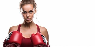 ai generado mujer en boxeo guantes en blanco antecedentes generativo ai foto