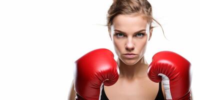 ai generado mujer en boxeo guantes en blanco antecedentes generativo ai foto