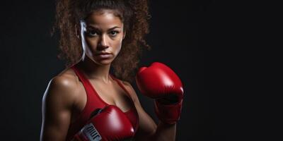 ai generado mujer en boxeo guantes en negro antecedentes generativo ai foto