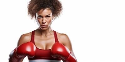 ai generado mujer en boxeo guantes en blanco antecedentes generativo ai foto