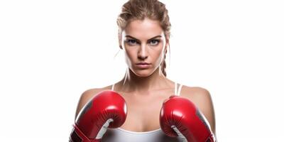 AI generated woman in boxing gloves on white background Generative AI photo