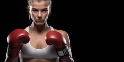 AI generated woman in boxing gloves on black background Generative AI photo