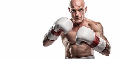 ai generado hombre en boxeo guantes en blanco antecedentes generativo ai foto