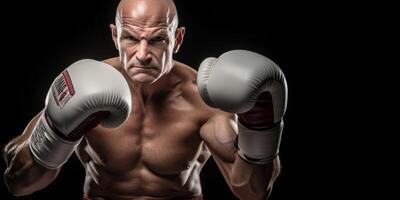 ai generado hombre en boxeo guantes en negro antecedentes generativo ai foto