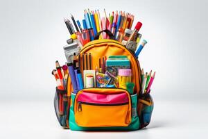 AI generated school backpack with supplies on white background Generative AI photo