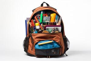AI generated school backpack with supplies on white background Generative AI photo