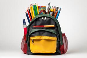 AI generated school backpack with supplies on white background Generative AI photo