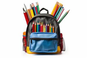 AI generated school backpack with supplies on white background Generative AI photo