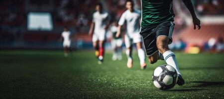 AI generated soccer player dribbles the ball on the soccer field Generative AI photo