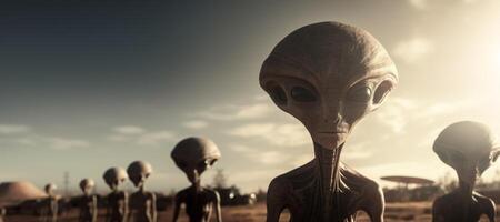 AI generated aliens and flying saucers Generative AI photo