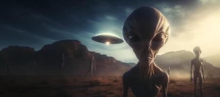 AI generated aliens and flying saucers Generative AI photo