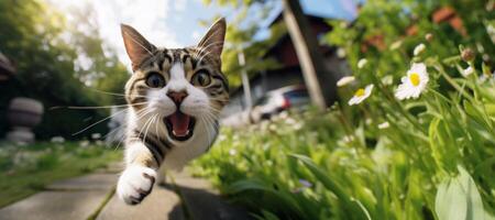 ai generado cara de un gato corriendo abajo el calle de cerca generativo ai foto