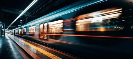 ai generado pasajero tren a noche foto