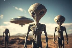 AI generated aliens and flying saucers Generative AI photo