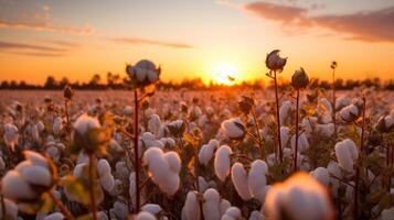 AI generated sunset over a cotton field Generative AI photo