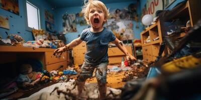 AI generated mess of a children's room, hysterical scream of a child Generative AI photo