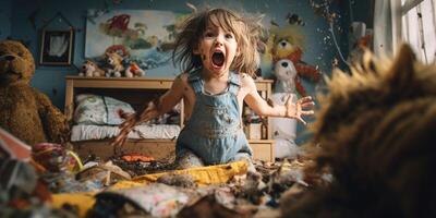 AI generated mess of a children's room, hysterical scream of a child Generative AI photo