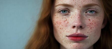 AI generated woman's freckles on the face close-up Generative AI photo