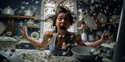 AI generated hysterical screaming woman in the kitchen broken dishes Generative AI photo