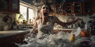 AI generated hysterical screaming woman in the kitchen broken dishes Generative AI photo