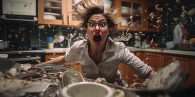 AI generated hysterical screaming woman in the kitchen broken dishes Generative AI photo