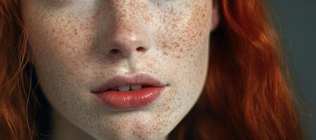 AI generated woman's freckles on the face close-up Generative AI photo