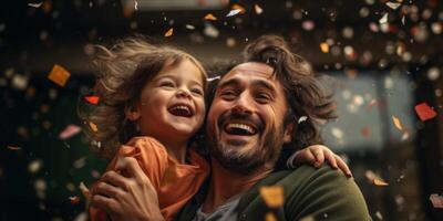 ai generado padre con su niño jugando en el papel picado lluvia generativo ai foto