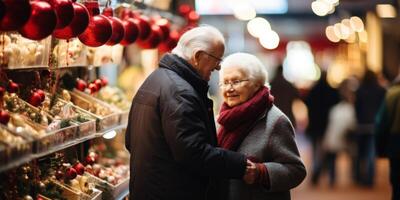 AI generated an elderly couple in love walks on New Year and Christmas Generative AI photo