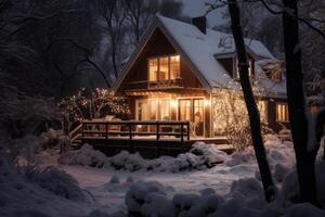 ai generado Nevado casa en nuevo años Navidad noche generativo ai foto