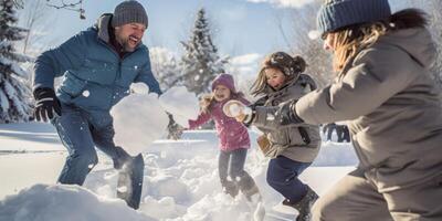 AI generated family and child playing snowballs Generative AI photo