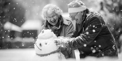 AI generated elderly couple making a snowman Generative AI photo