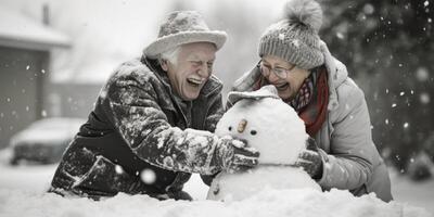AI generated elderly couple making a snowman Generative AI photo