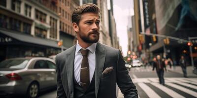 AI generated a confident businessman walks along a city street in a formal suit Generative AI photo