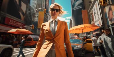 AI generated a confident businesswoman walks along a city street in a formal suit Generative AI photo