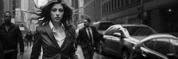 AI generated a confident businesswoman walks along a city street in a formal suit Generative AI photo