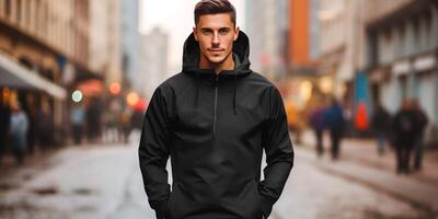 AI generated man in black hoodie mockup Generative AI photo