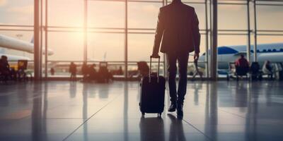 AI generated man with suitcase in airport terminal Generative AI photo