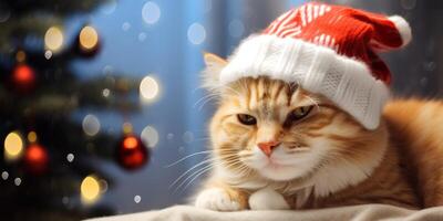 AI generated cat with Santa Claus hat on New Year's background Generative AI photo