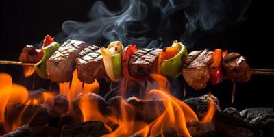AI generated vegetables and meat on skewers grilled on fire Generative AI photo
