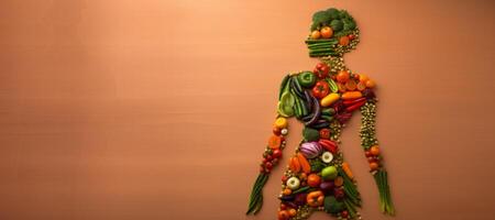 ai generado silueta de un hembra cuerpo hecho de vegetales y frutas generativo ai foto