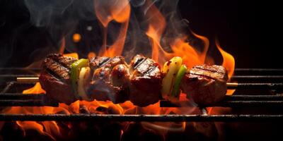 ai generado vegetales y carne en brochetas A la parrilla en fuego generativo ai foto