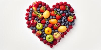 AI generated fruits and berries in the shape of a heart on a white background Generative AI photo