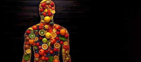 ai generado vegetales y frutas en el silueta de el humano cuerpo generativo ai foto