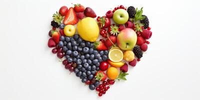 AI generated fruits and berries in the shape of a heart on a white background Generative AI photo