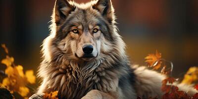 AI generated Wolf in the autumn forest Generative AI photo