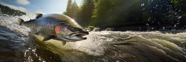 AI generated salmon swims against the current jumping out of the water Generative AI photo