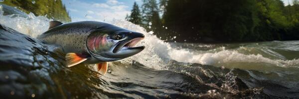 AI generated salmon swims against the current jumping out of the water Generative AI photo